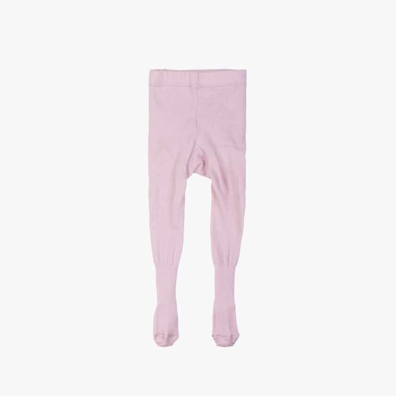 Frontvisning av rosa strikkede babystrømpebukser med elastisk midje og lukkede føtter.