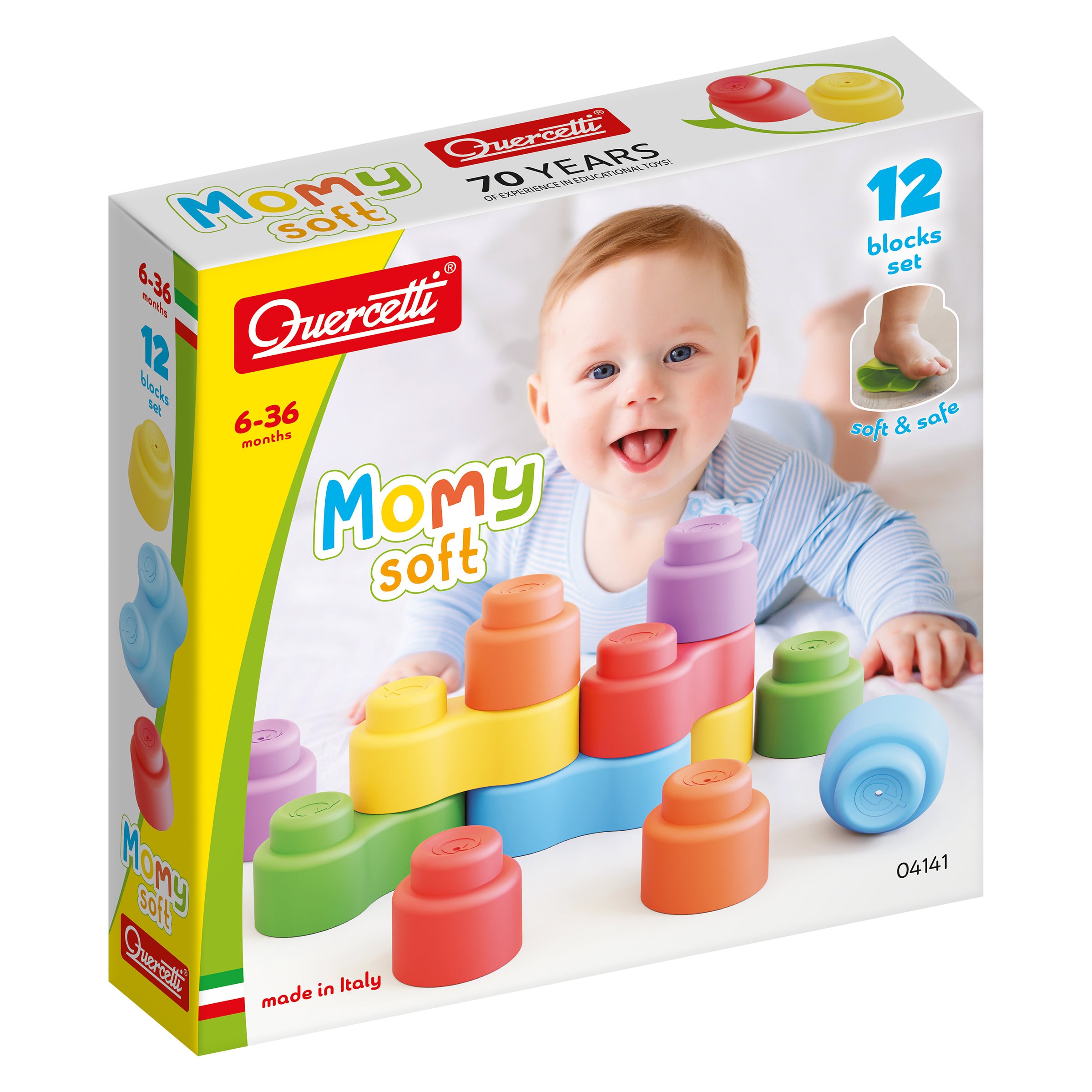 Quercetti Momy Soft – 12 myke byggeklosser for små barn, multiple