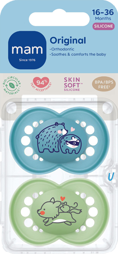 MAM smokk Original Silk, silikon 16–36 mnd, 2-pk, blue