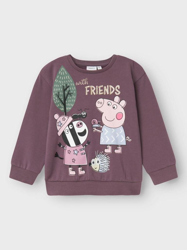 Barnas plommelilla langermet genser med grafisk trykk av et tre, grevling, Peppa Pig, snegl og pinnsvin.