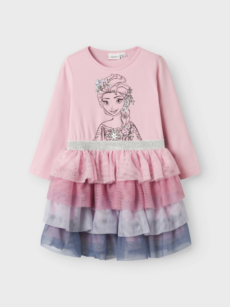 Barnas rosa langermet kjole med Elsa-trykk, sølv glitrende midjebånd og lagdelt ombre tyllskjørt.