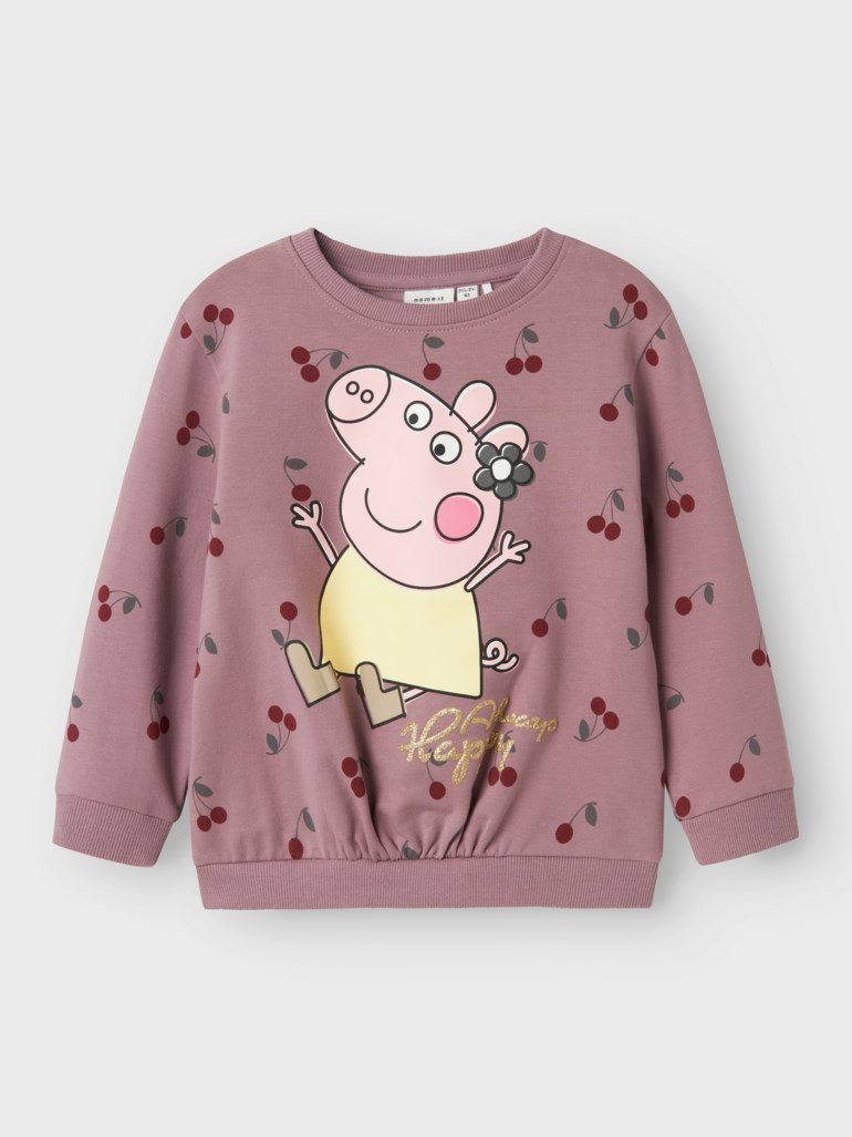 Lilla Peppa Gris genser for barn med kirsebærtrykk, ribbestrikket hals, mansjetter og samlet kant.