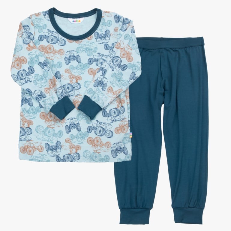 Barns lyseblå langermet topp med kjøretøymønster og mørkeblå krage/mansjetter, matchet med mørkeblå pyjamasbukser.