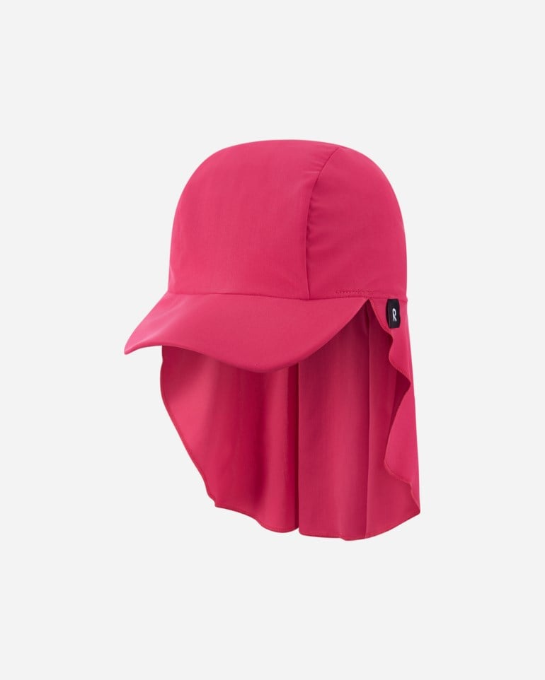 Fuchsia solhette med en frontbrem, en lang nakkeklaff og en liten R-logo.