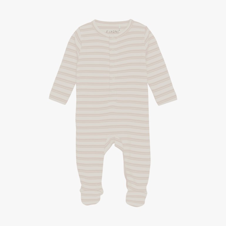 Babys langermet heldress med lys beige og lysebrune horisontale striper og trykknapper foran.