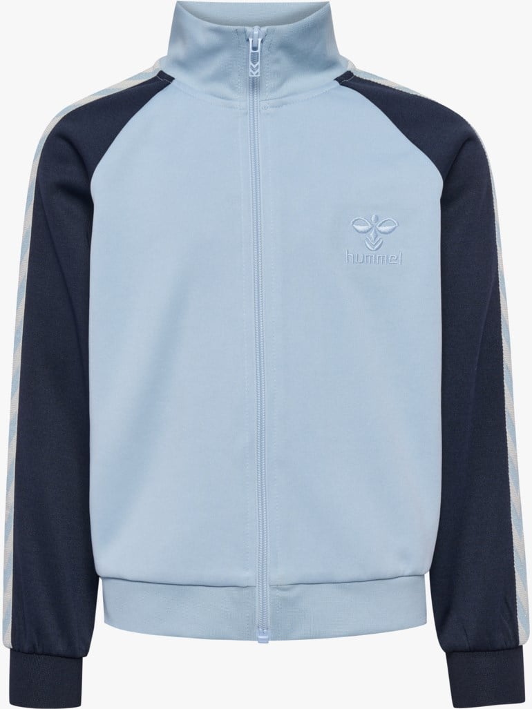 Lys blå og marineblå raglan treningsjakke med hel glidelås, krage, stripete ermer og brodert logo.