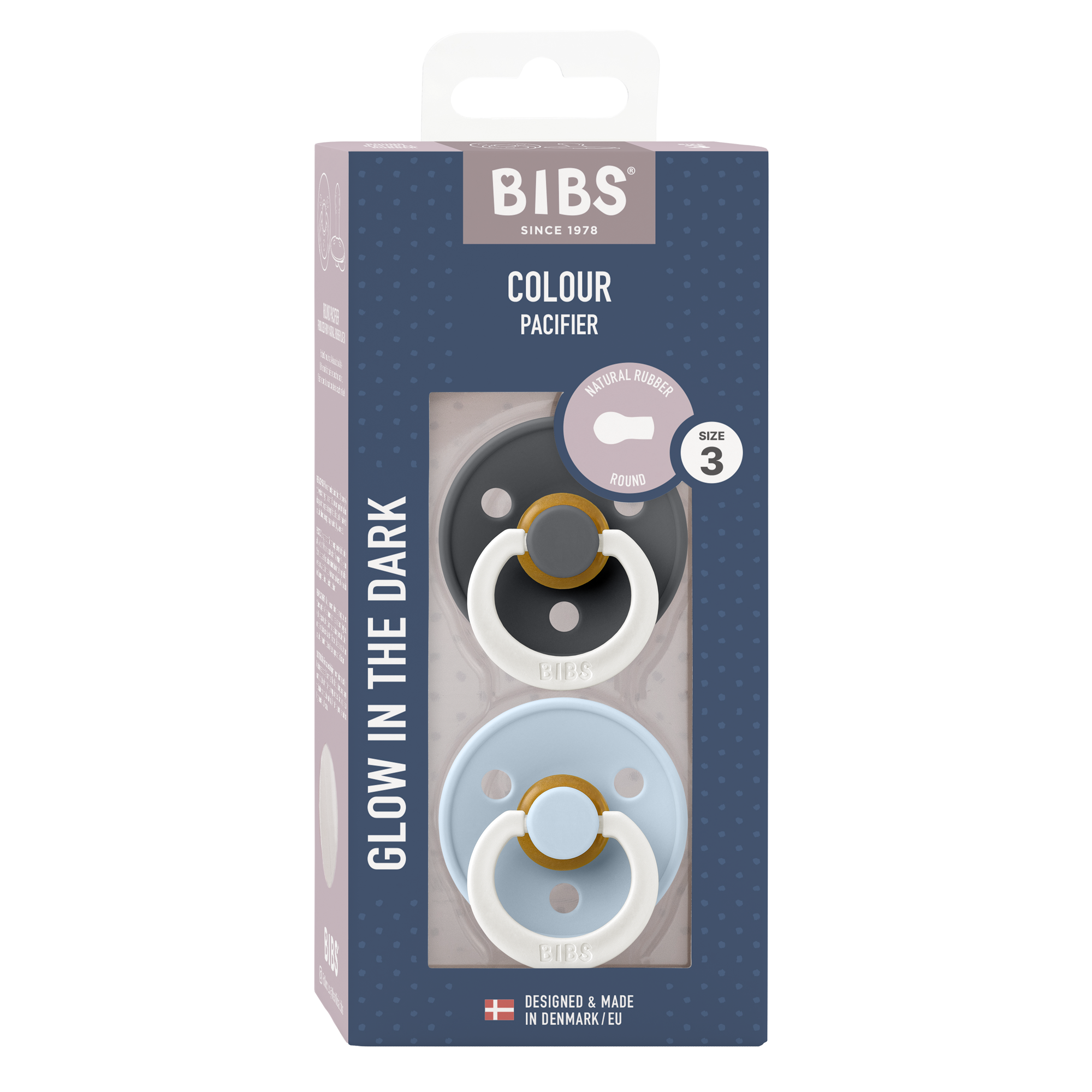 BIBS Colour Smokk 2-Pack Lateks Str 3 Rund, Iron GLOW/Baby Blue GLOW