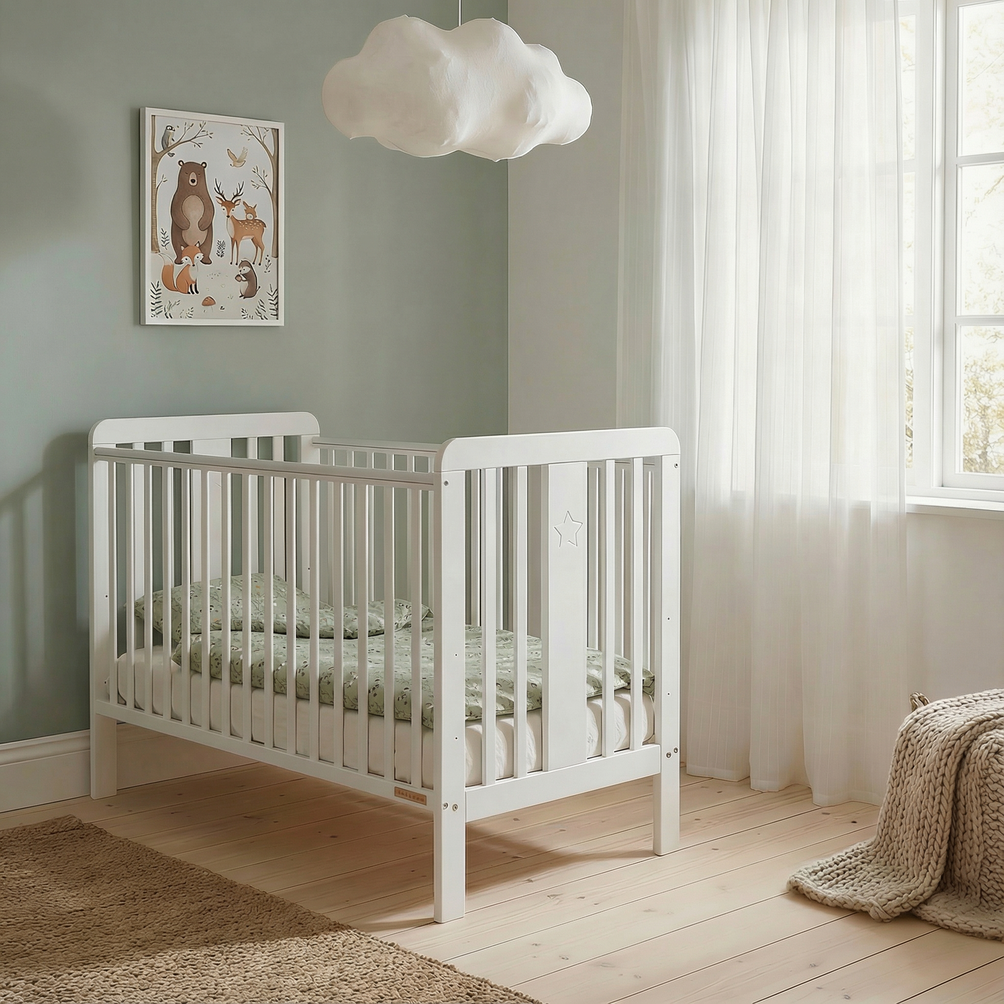 Hvit babyseng med stjerneutskjæring, grønne mønstrede sengetøy, brunt teppe og et beige strikket pledd.