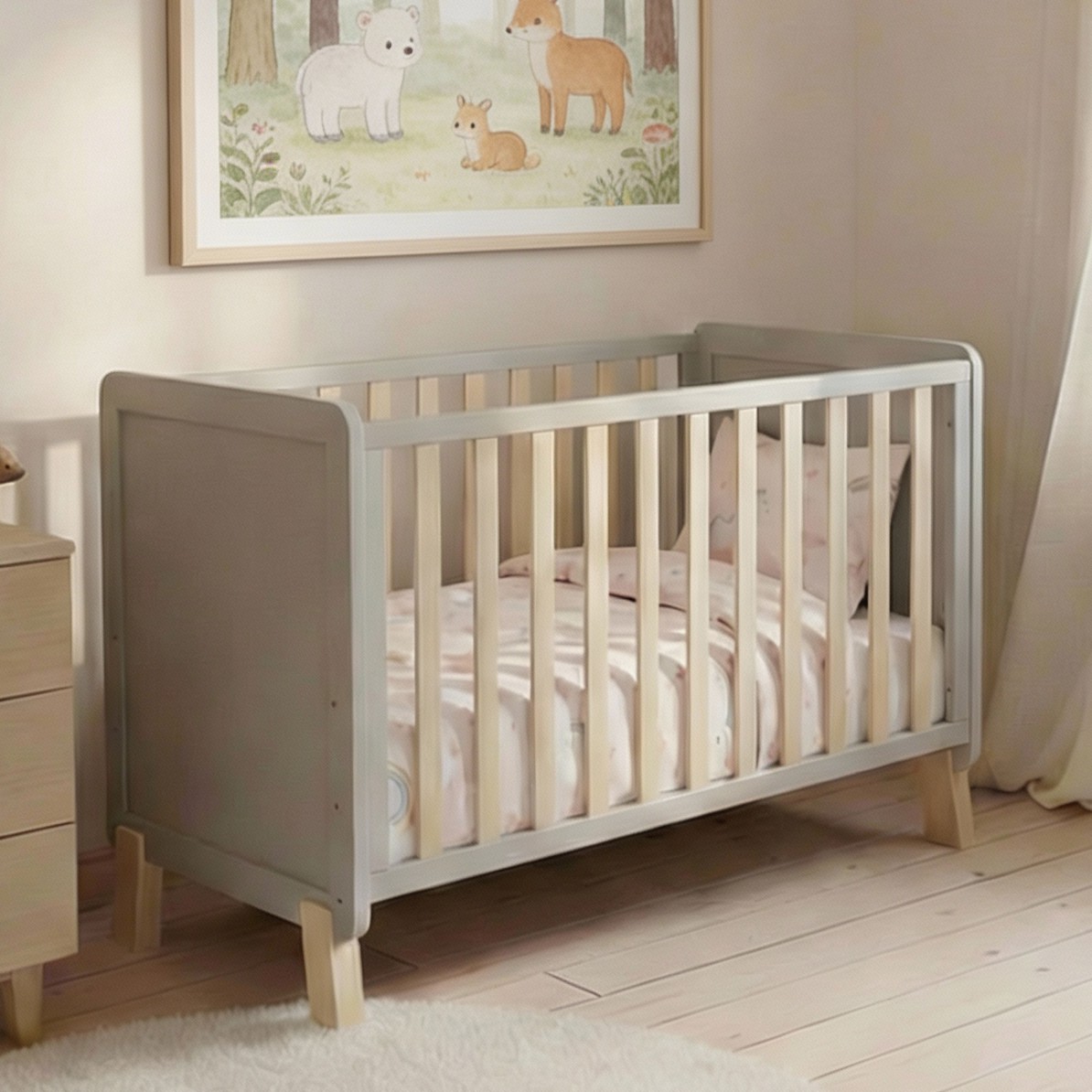 Grå babyseng i tre med naturfargede spiler, lyserosa mønstret laken og pute.