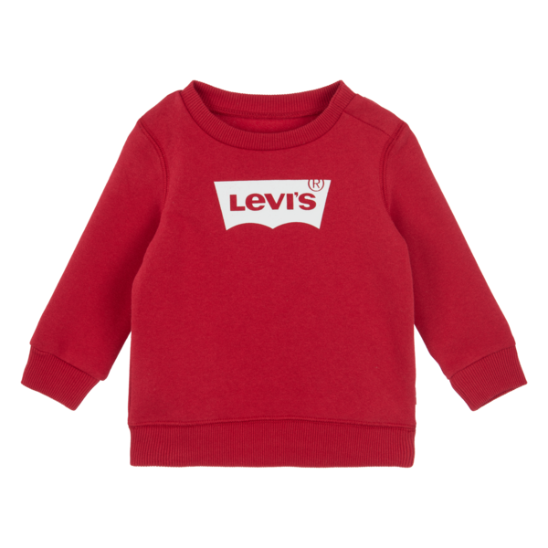 Rød babygenser med hvitt vingformet logotrykk på brystet, sett forfra.