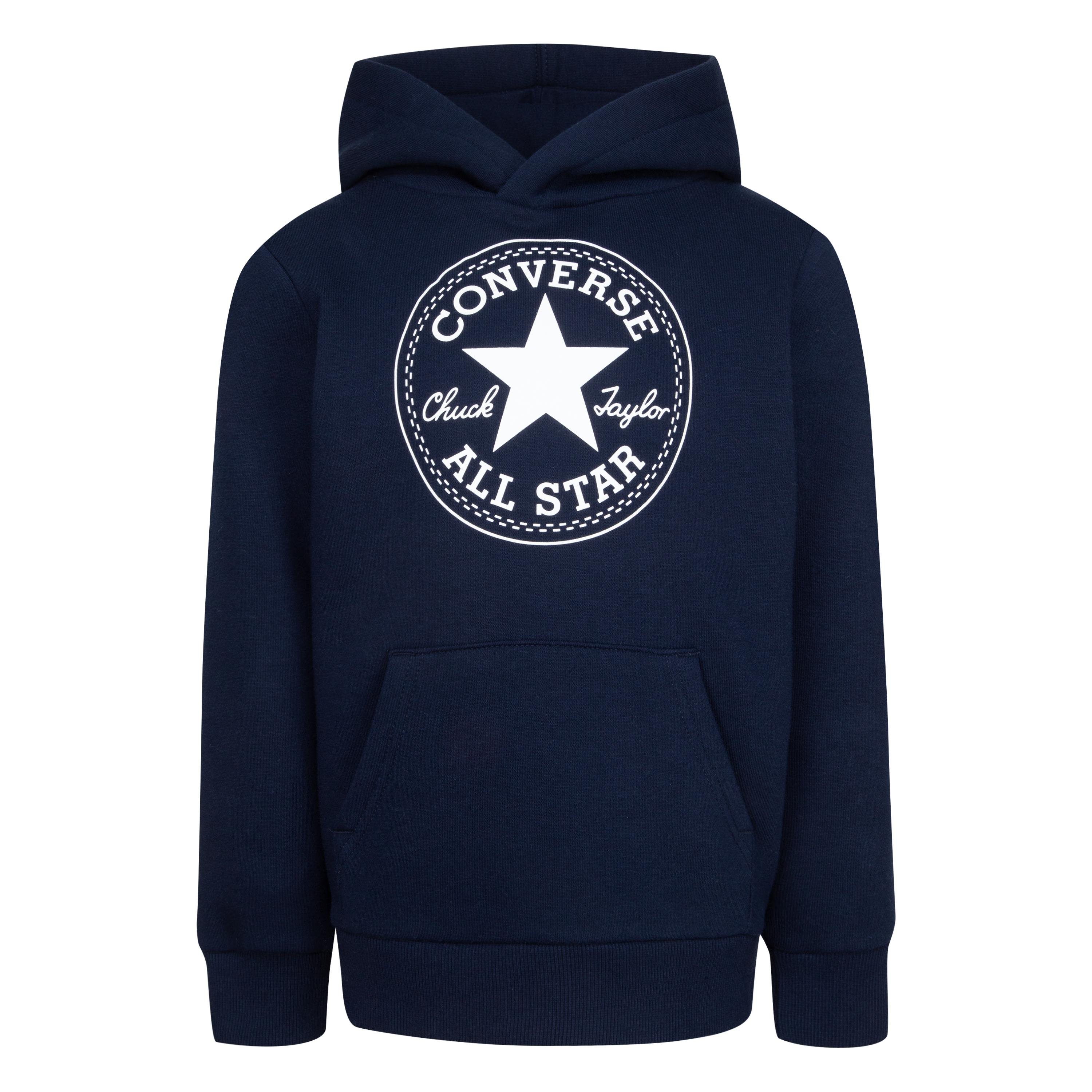Marineblå hoodie for barn med stor hvit Converse All Star-logo på brystet, forfra.