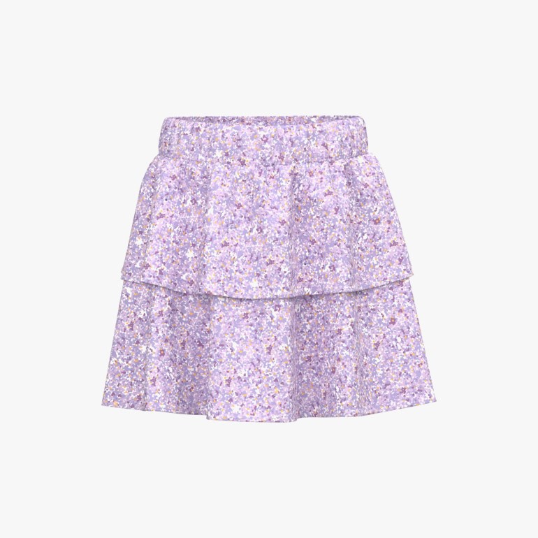 Lilla skjørt med volanger for barn med blomstermønster og elastisk linning, forfra, flat.