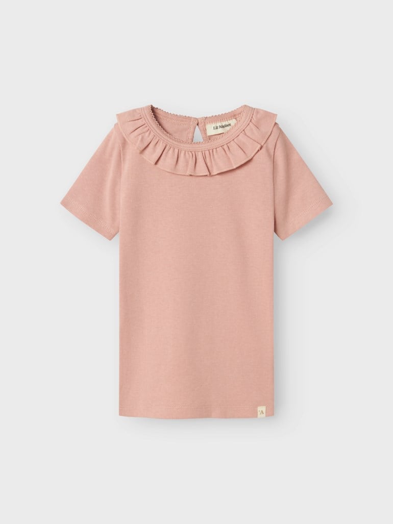 Barnas rosa kortermet t-skjorte med rysjekrage, forfra.