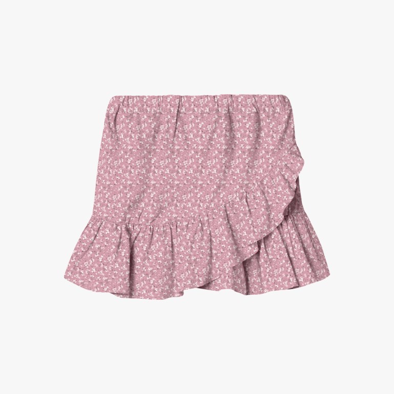 Rosa småblomstret miniskjørt med elastisk midje og omslagsdesign med volanger.