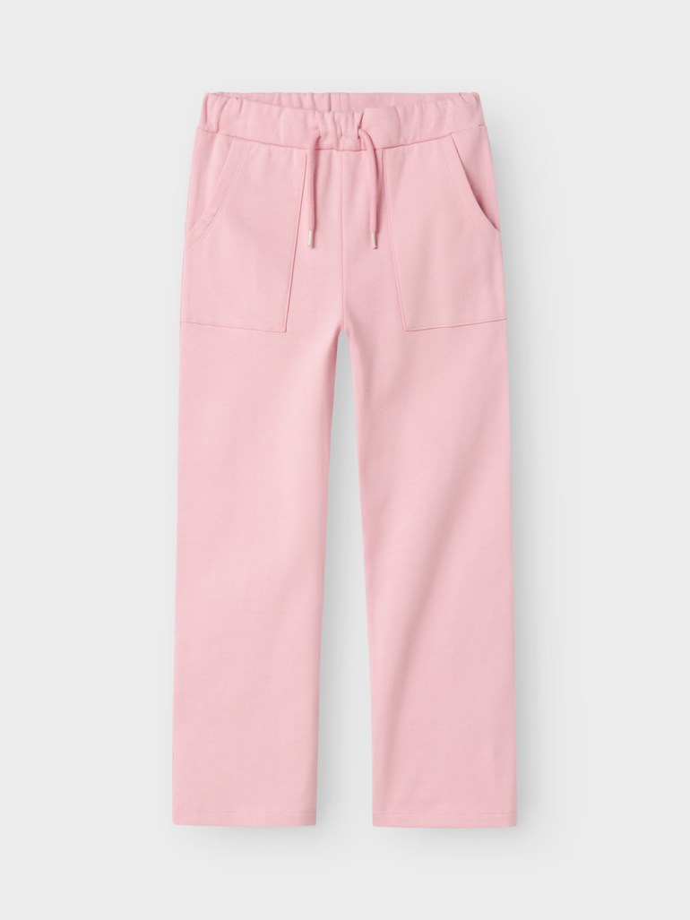 Rosa joggebukse for barn med elastisk linning, snøring og to frontlommer.