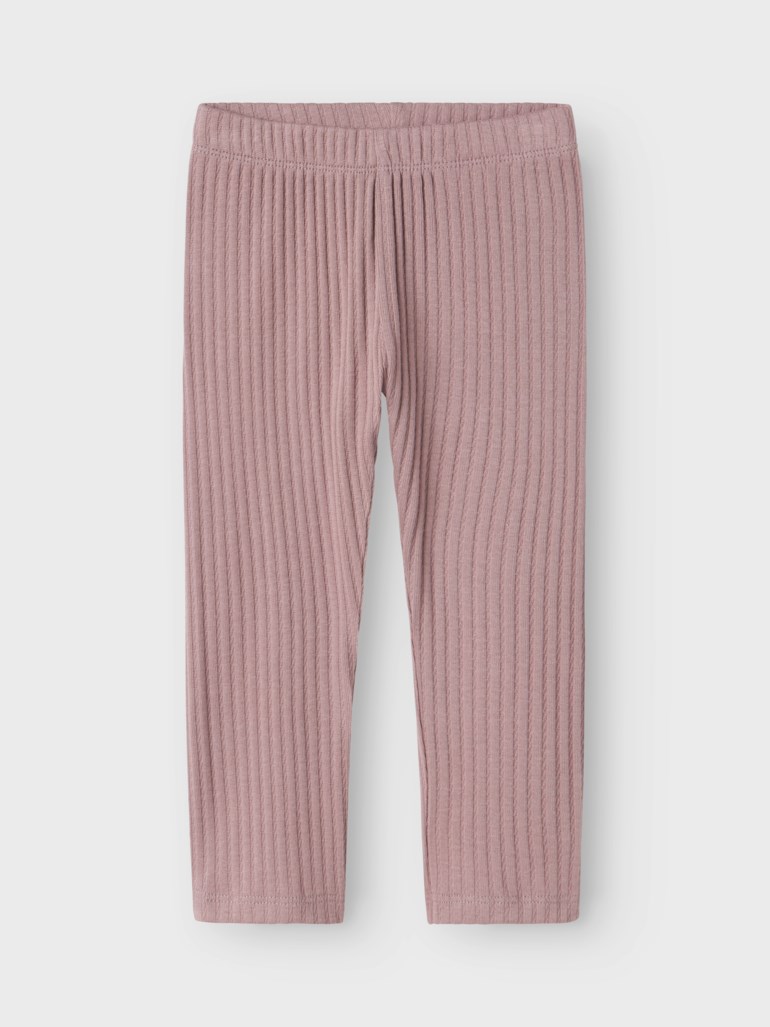 Frontvisning av støvrosa ribbestrikkede leggings for barn med strikk i livet.