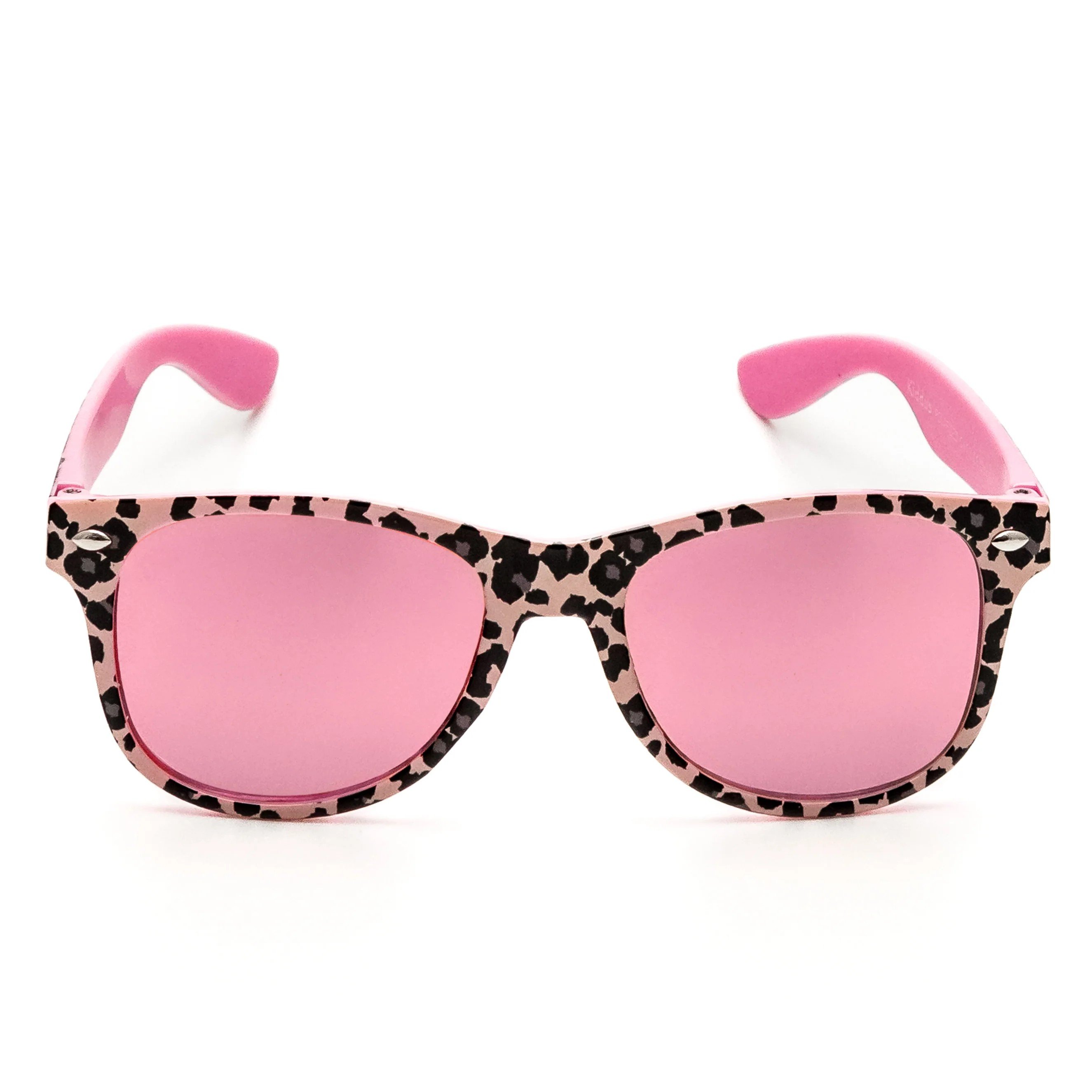 Leopardmønstrede solbriller med rosa speilglass og rosa stenger, forfra.