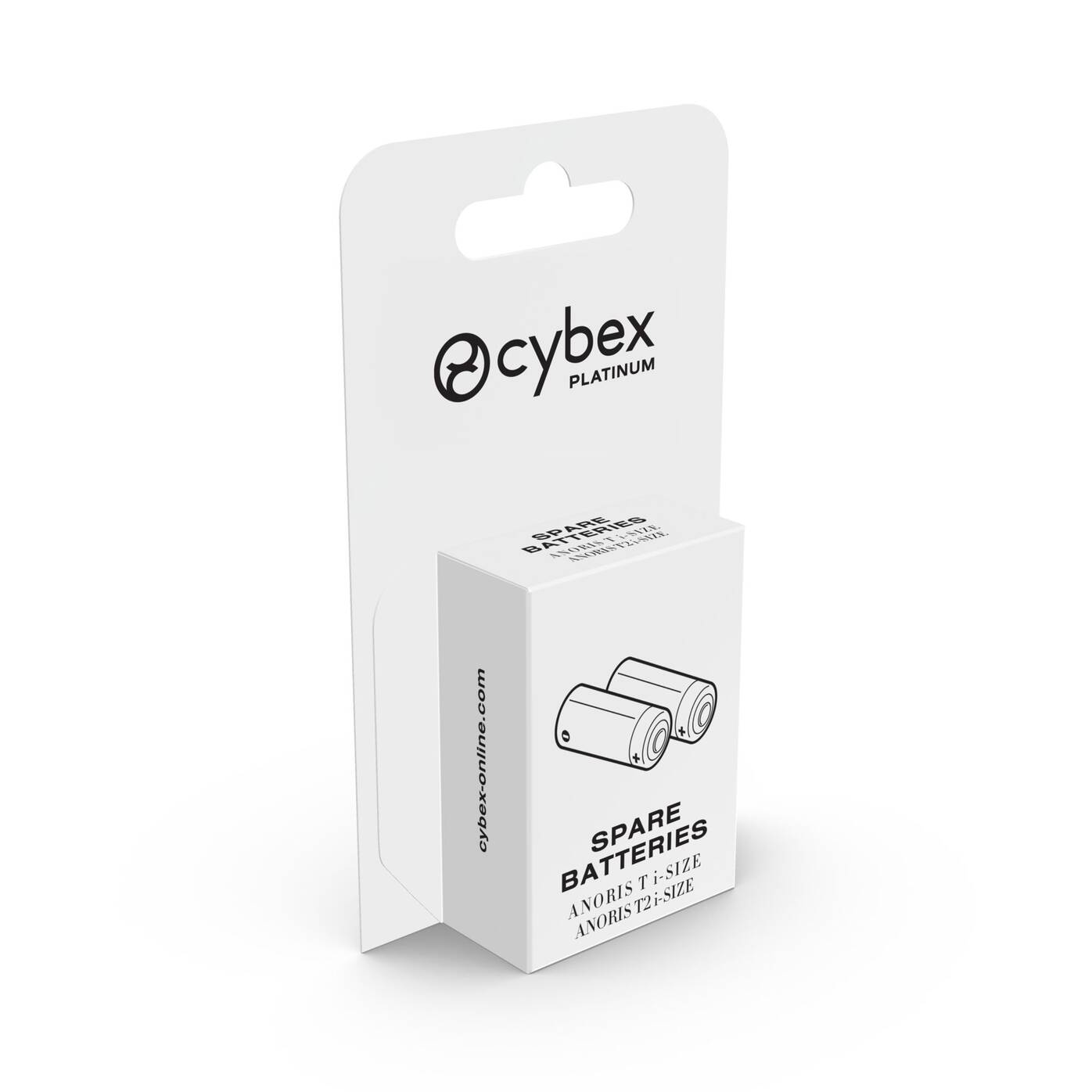 Hvit Cybex Platinum reservebatteripakke med en hvit boks som viser to sylindriske batterier.