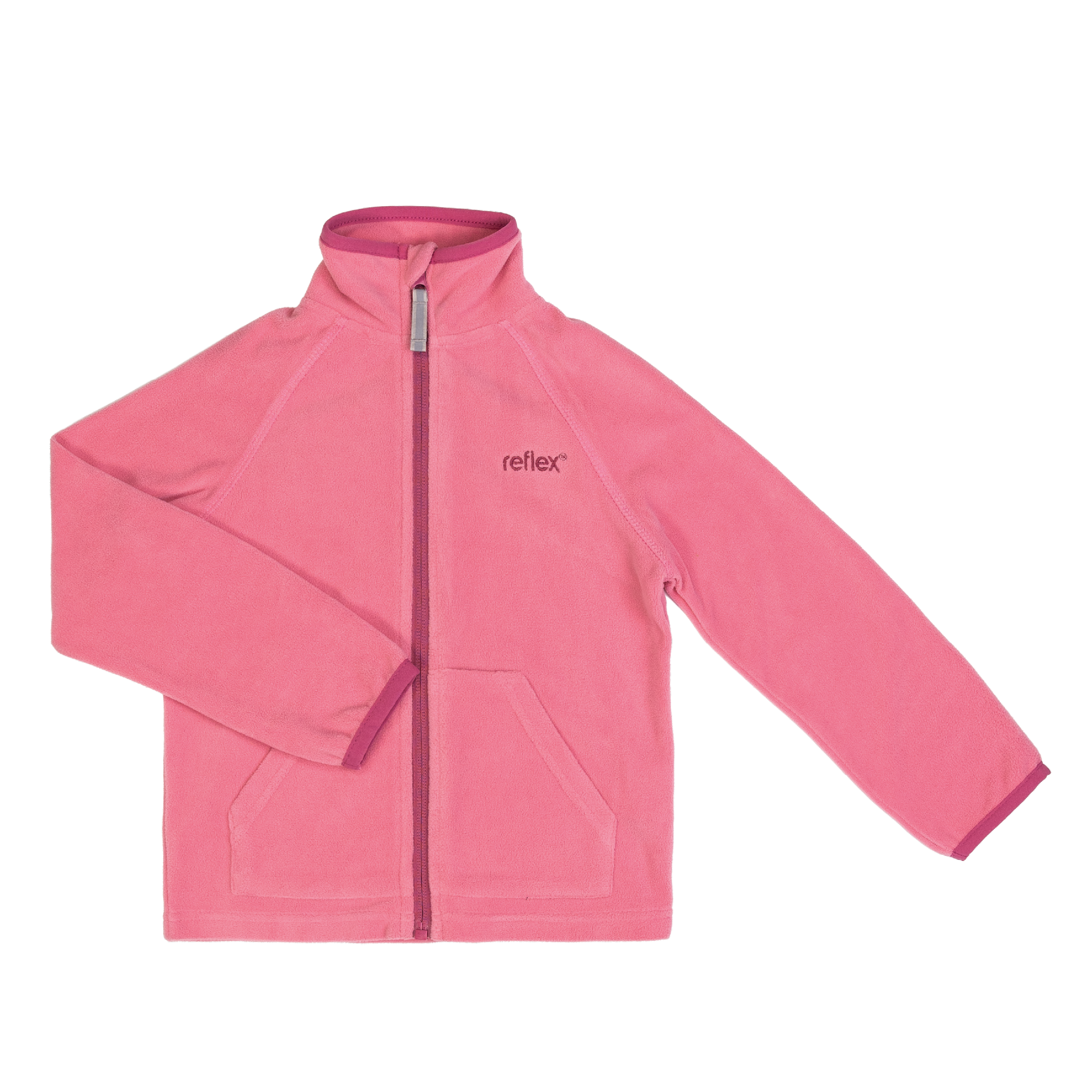 Barnas rosa hel glidelås fleecejakke med ståkrage og to frontlommer.