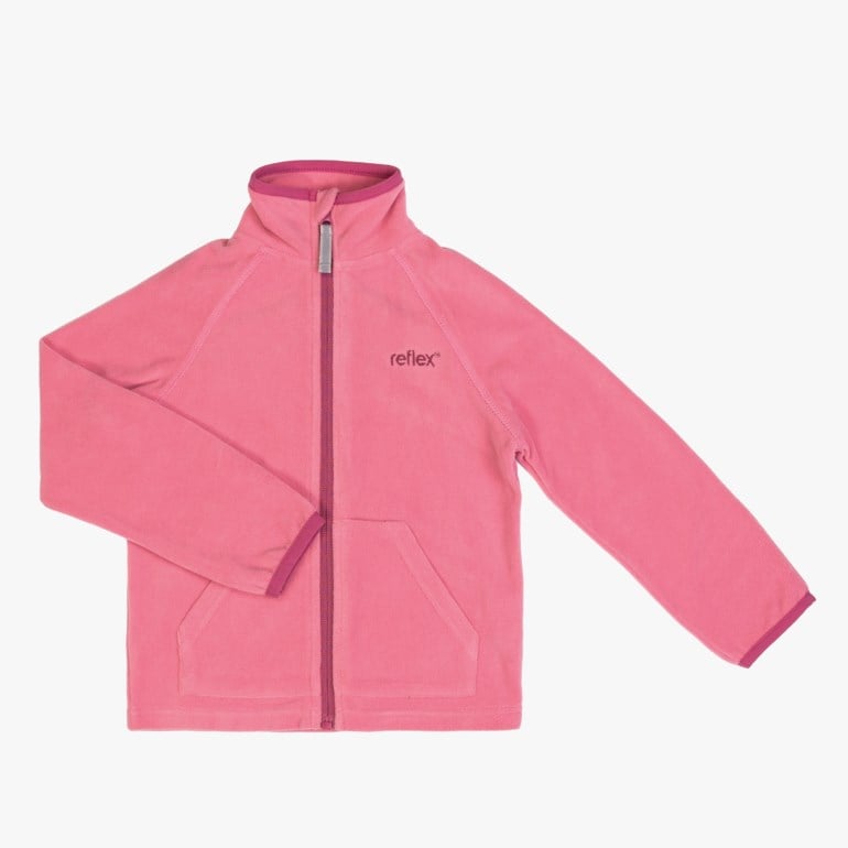 Barnas rosa hel glidelås fleecejakke med ståkrage og to frontlommer.