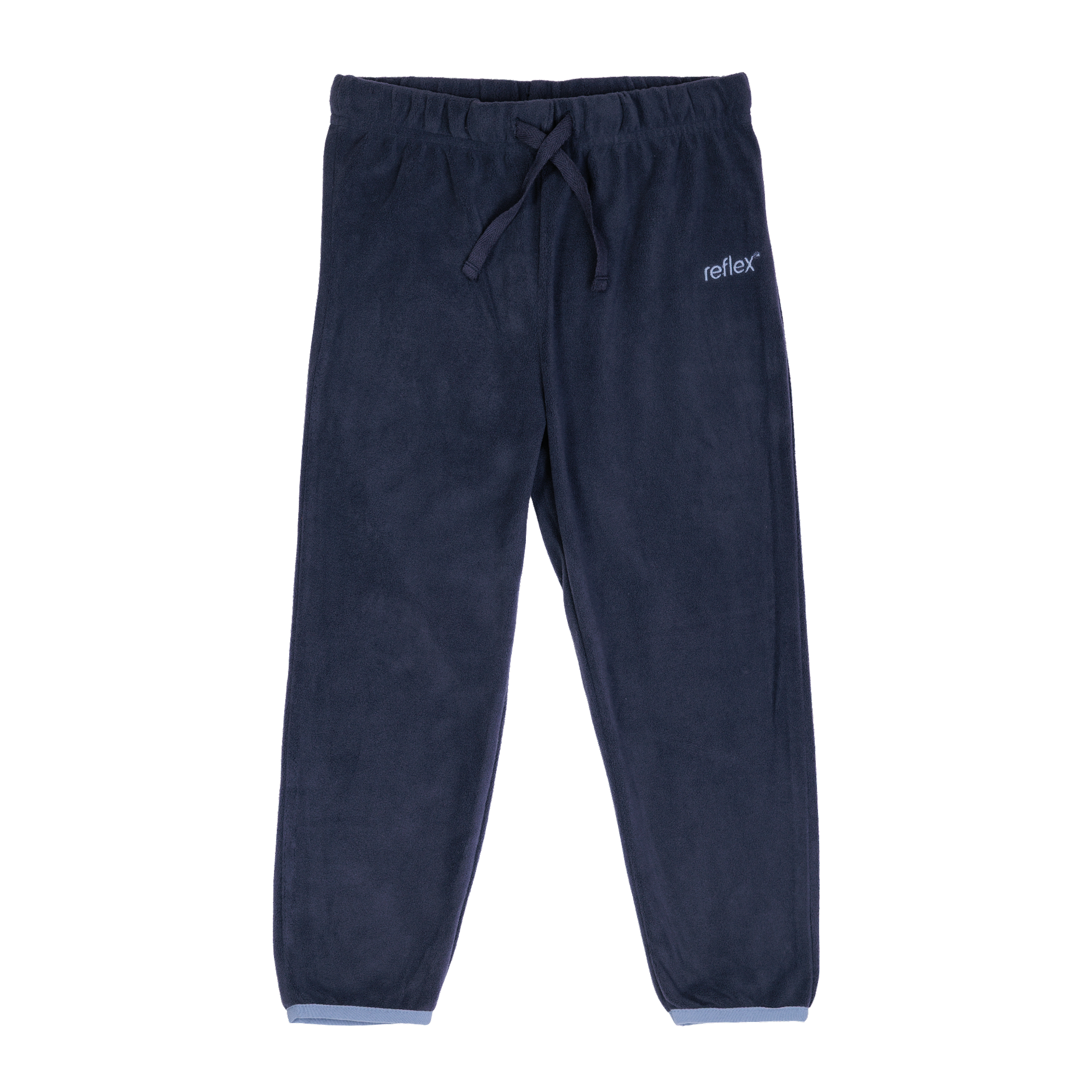 Mørkeblå fleecepyjamasbukser for barn med snøring i midjen og lyseblå ribbestrikkede mansjetter, sett forfra.