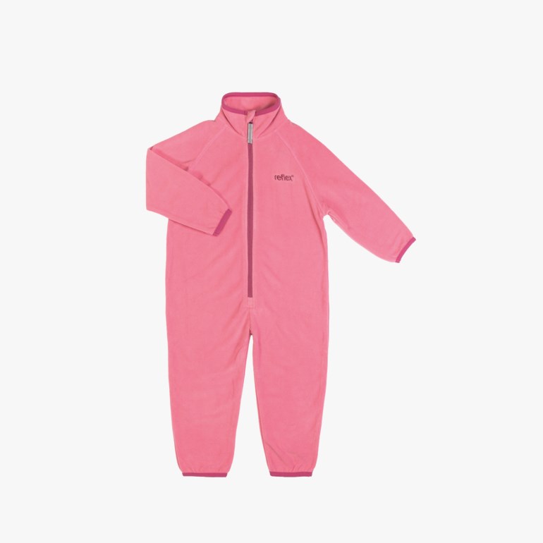 Rosa fleece barneoverall med hel glidelås, høy krage og ribbekanter.