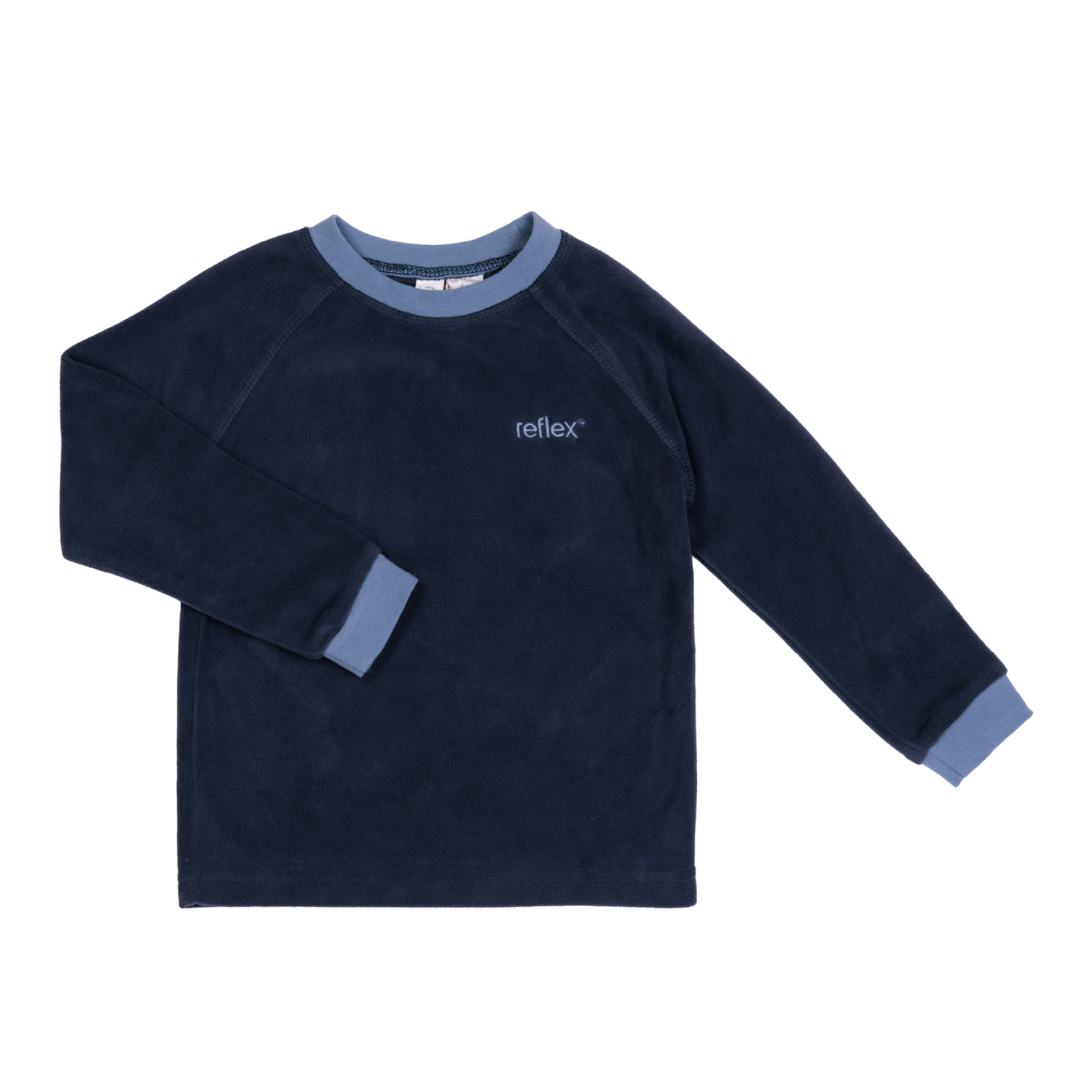Barns mørkeblå langermet fleecetopp med lyseblå rund hals og mansjetter, forfra.