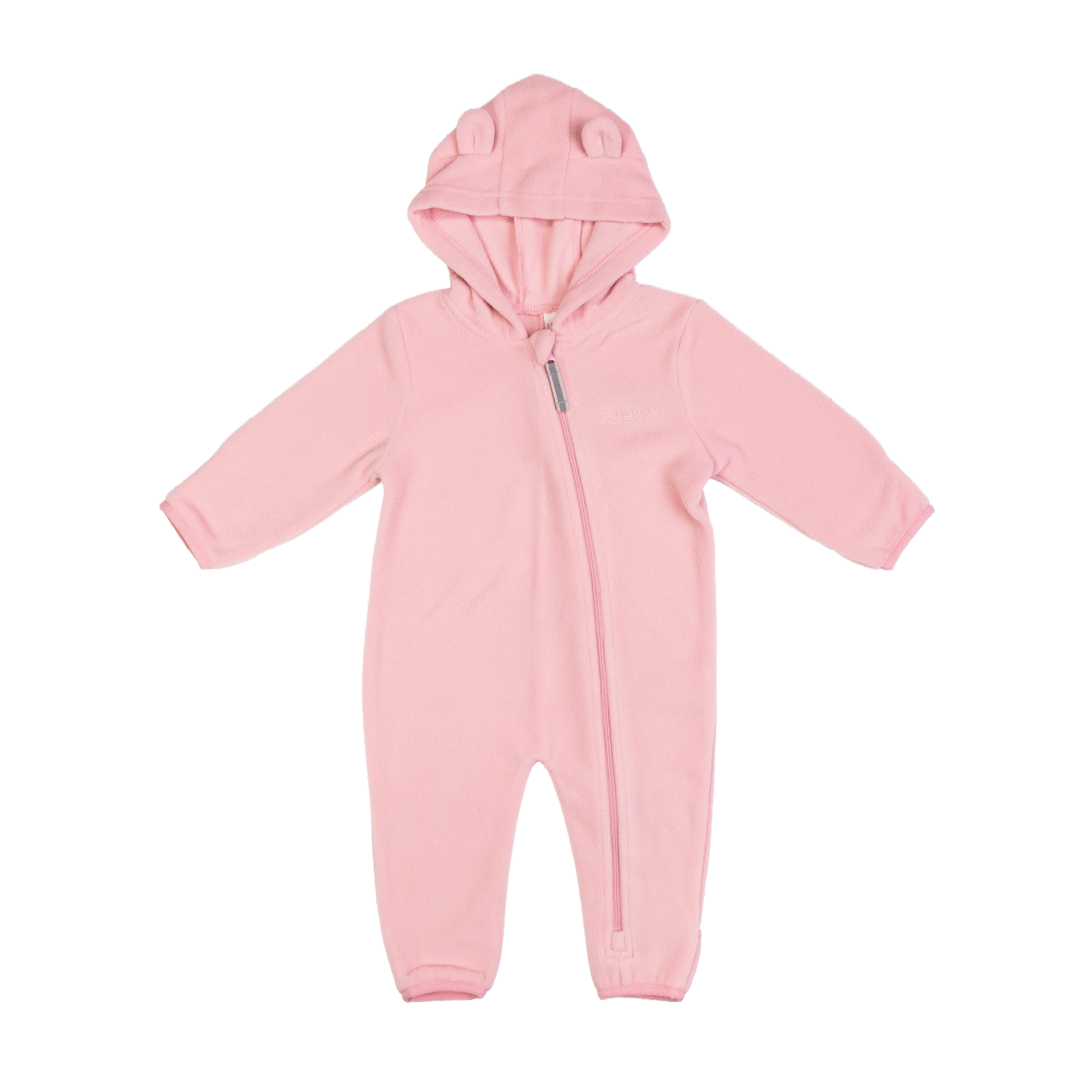 Rosa babyfleeceoverall med hette med små ører og hellang glidelås foran.