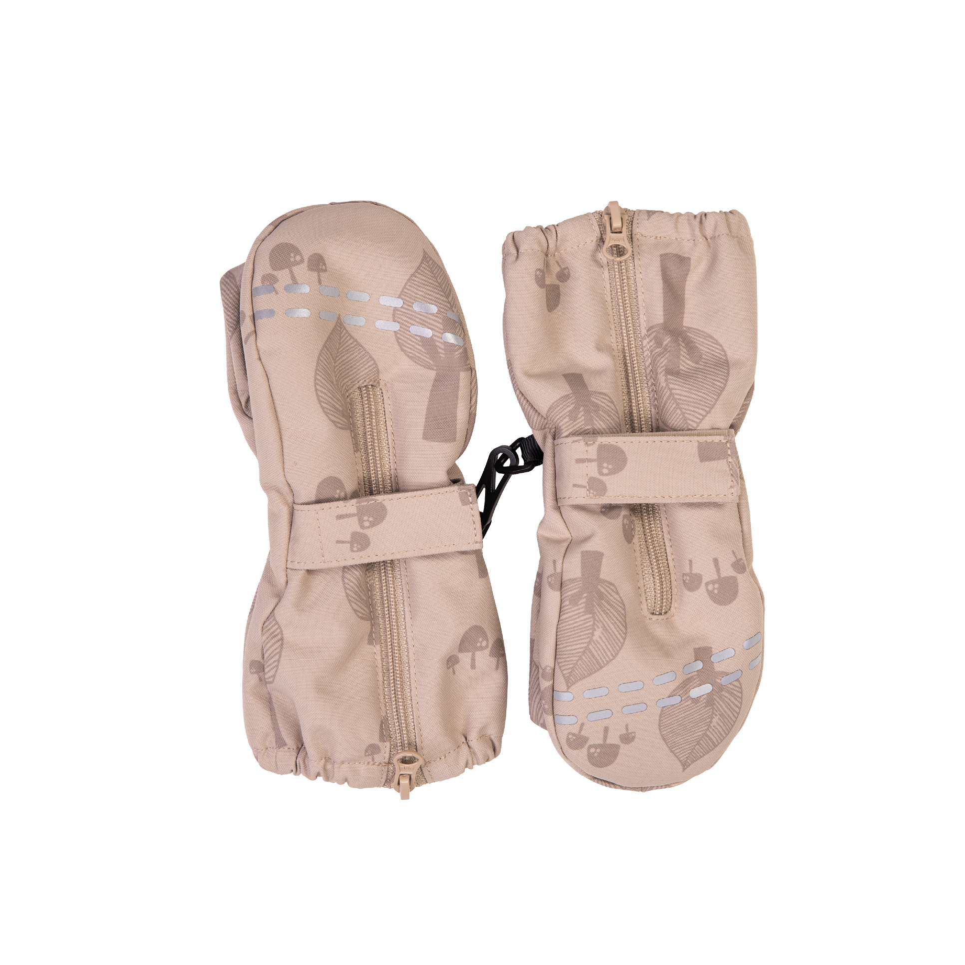 Beige mønstrede barnevotter med glidelåser foran, elastiske mansjetter, håndleddsstropper og refleksstriper.