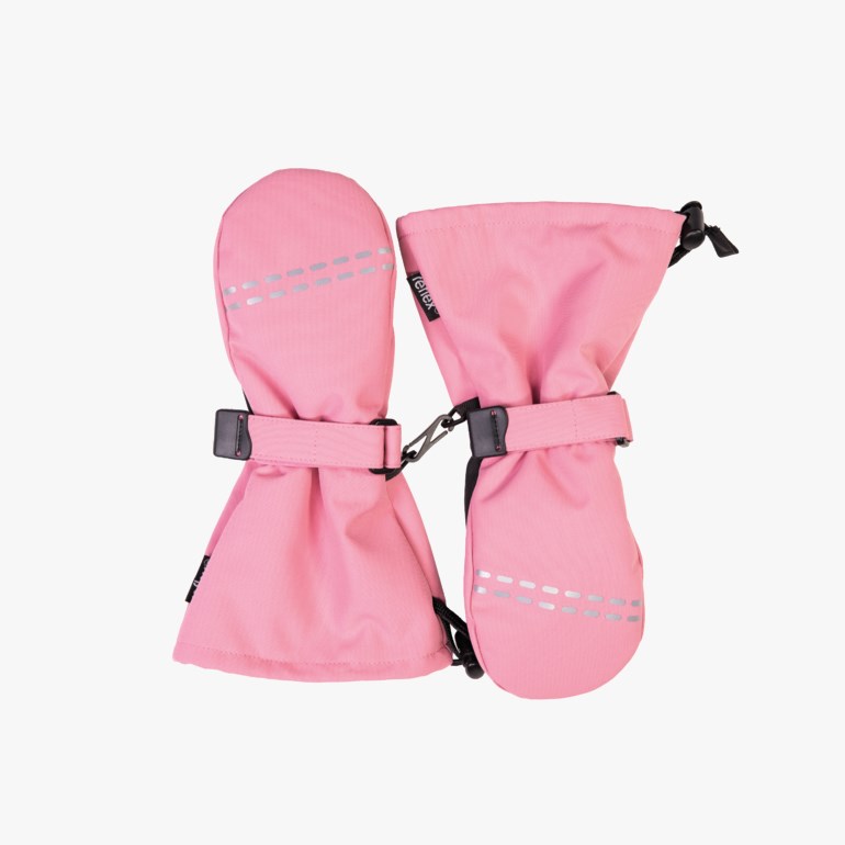 Et par rosa barnevotter med refleksstriper, justerbare håndleddsstropper og koblingsklemmer, forfra.