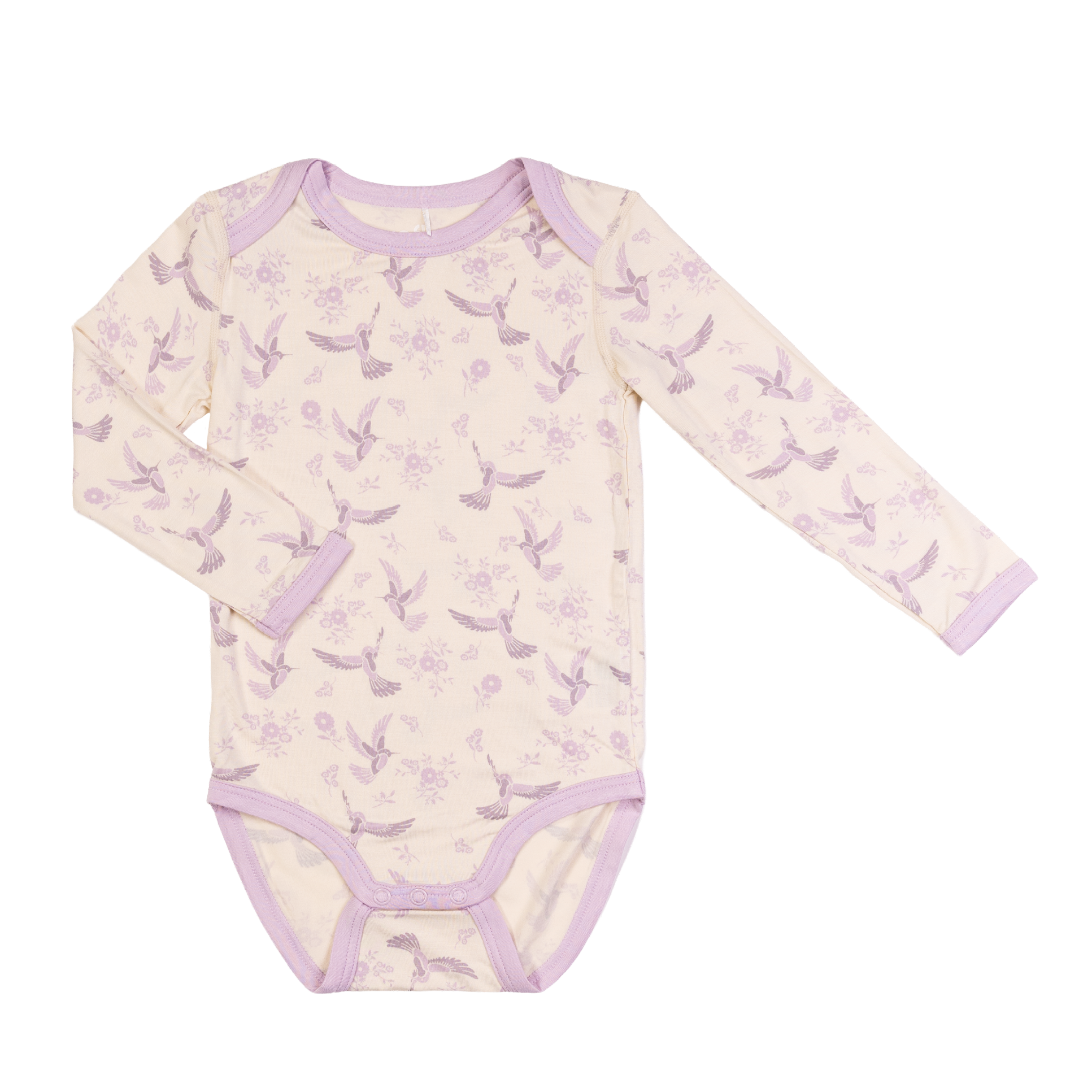 Baby kremfarget langermet body med lilla blomster- og fugletrykk og lilla kant, med trykknapper.