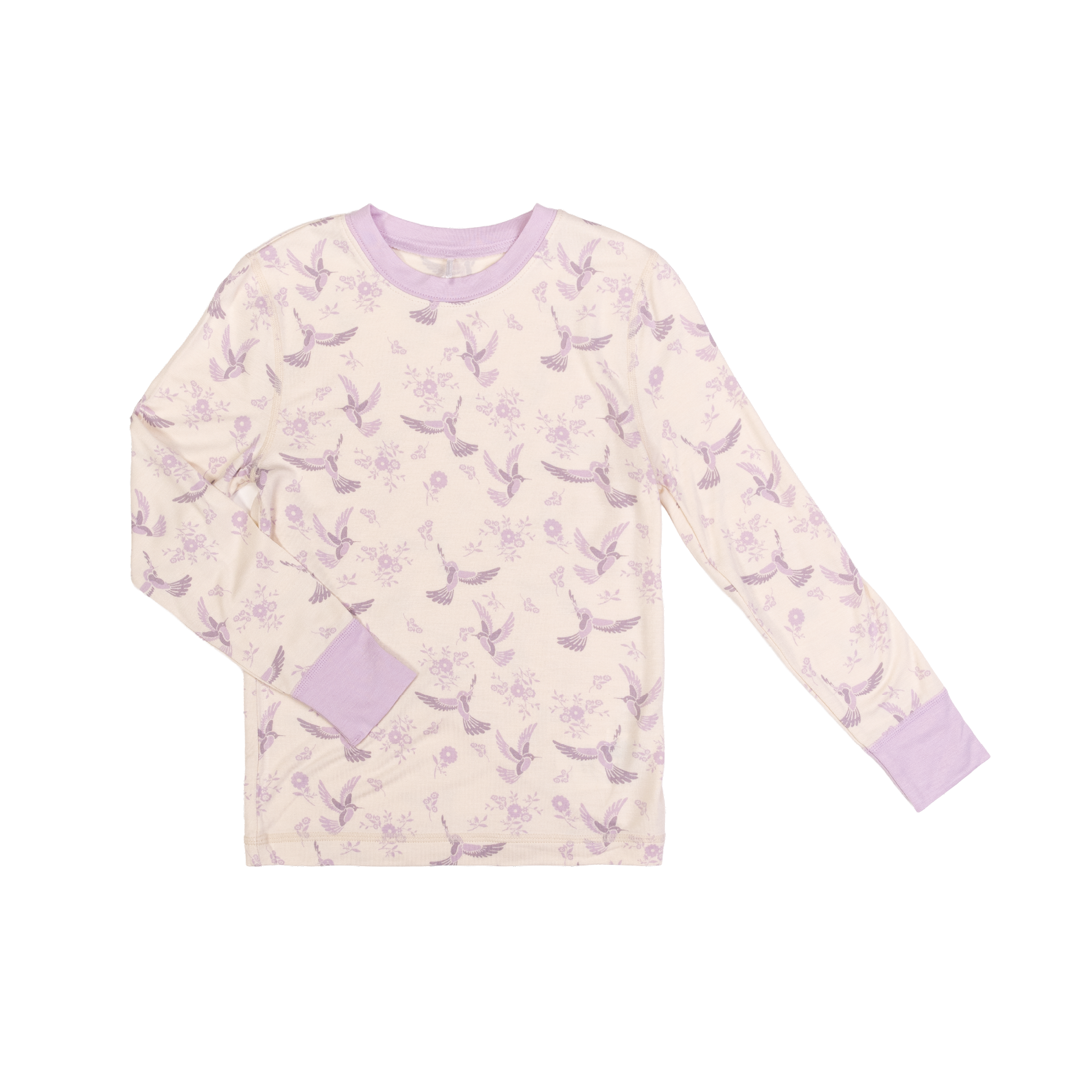 Langermet topp i kremhvit med lys lilla fugle- og blomstermønster, med lys lilla krage og mansjetter.