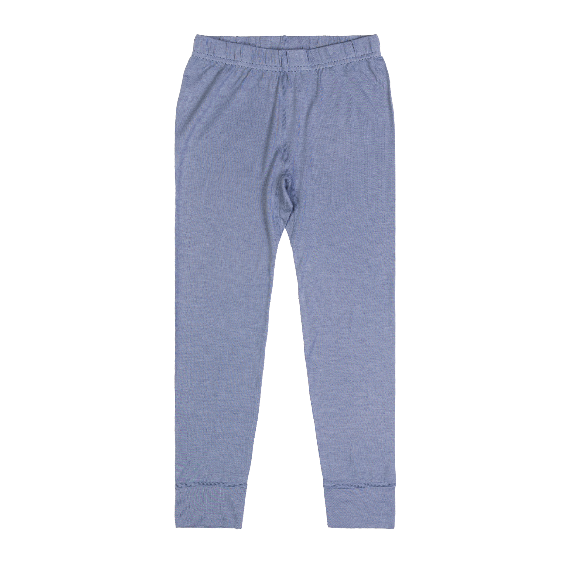 Blå hellange smale leggings med elastisk linning og ribbestrikkede mansjetter, forfra.