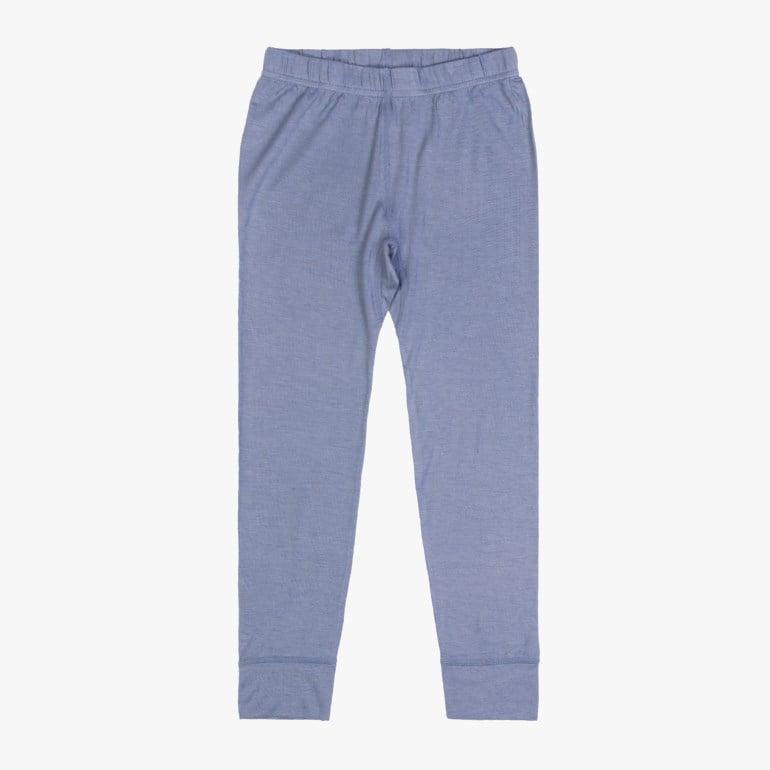 Blå hellange smale leggings med elastisk linning og ribbestrikkede mansjetter, forfra.