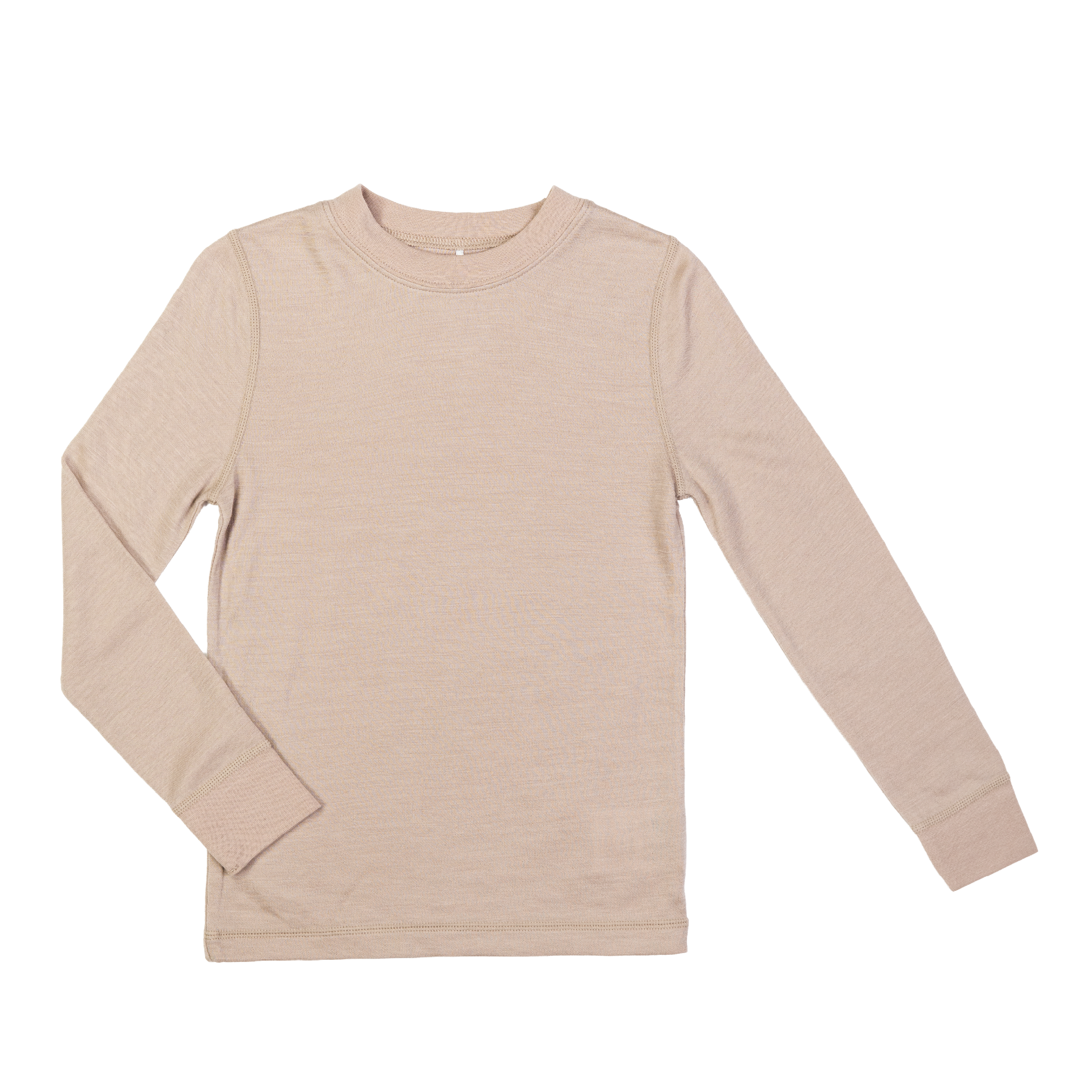 Beige langermet topp med rund hals, raglansømmer, ribbestrikkede mansjetter og kant nederst, forfra.