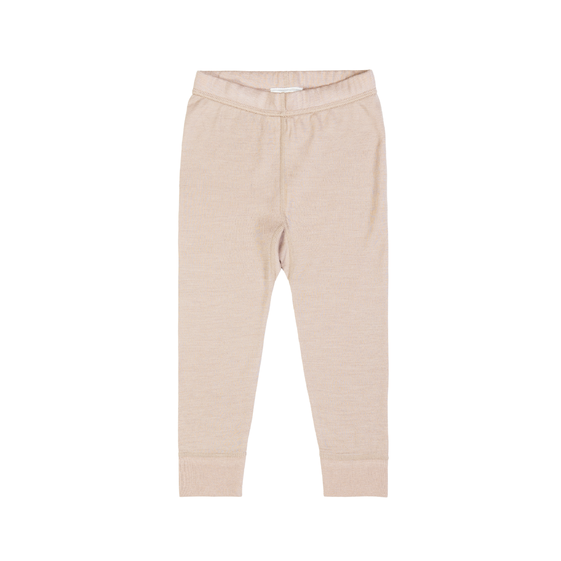 Forfra lysebeige barnleggings med elastisk linning og ribbestrikkede mansjetter.