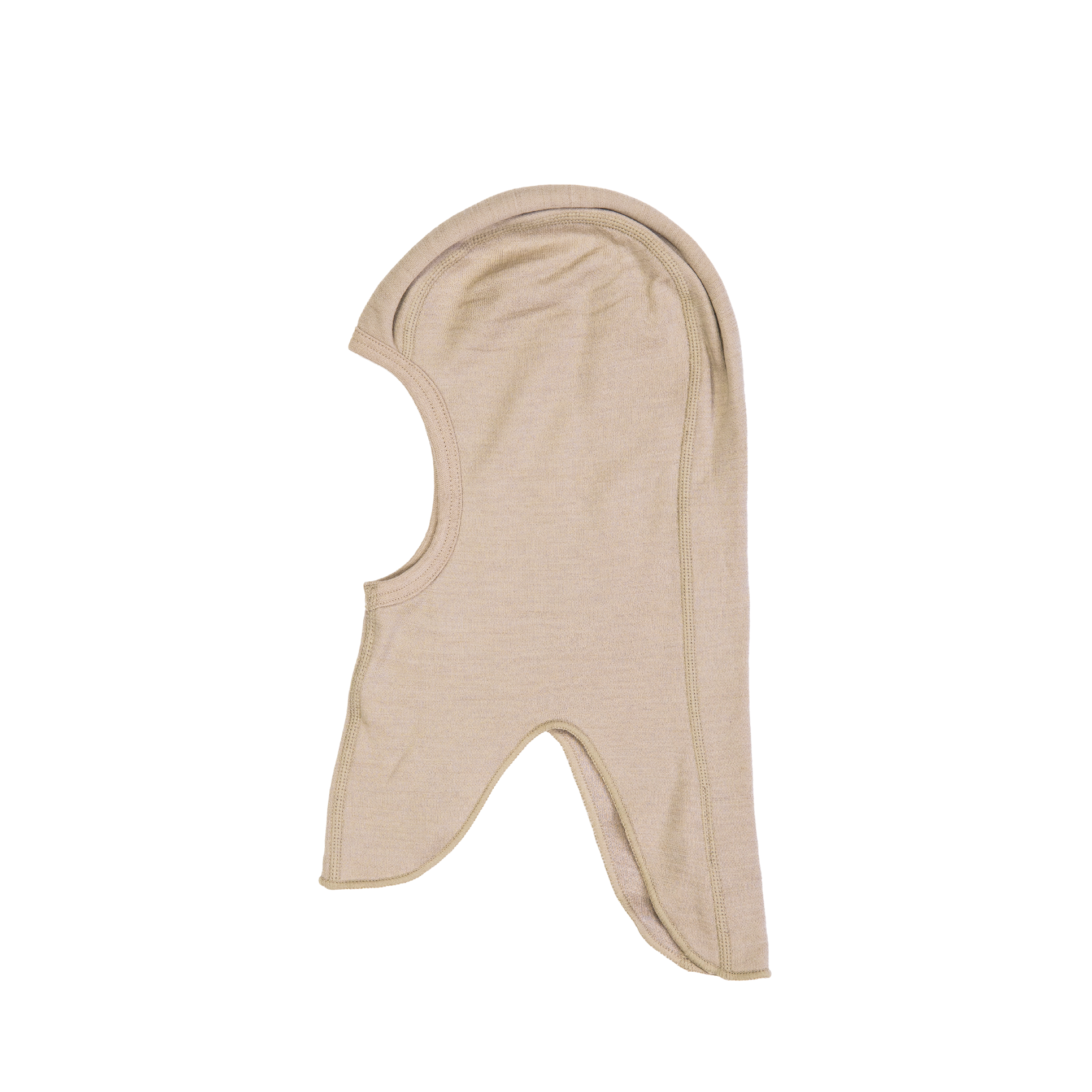 Beige lett strikket balaklava for hode- og nakkedekning, forfra, liggende flatt.