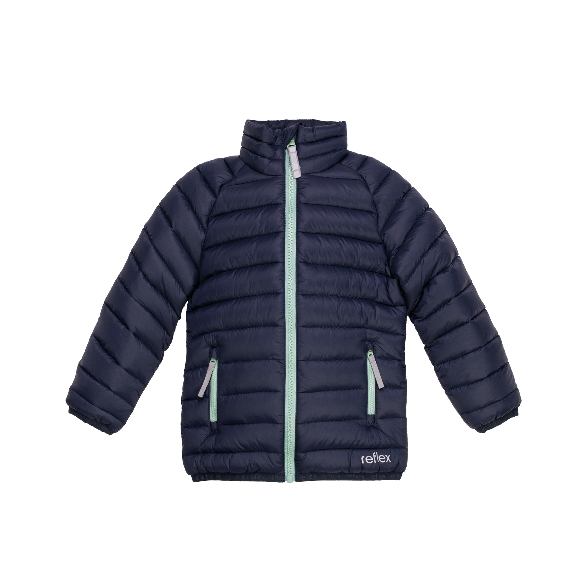 Frontvisning av en marineblå boblejakke til barn med lysegrønne glidelåser.