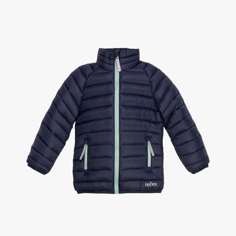 Frontvisning av en marineblå boblejakke til barn med lysegrønne glidelåser.