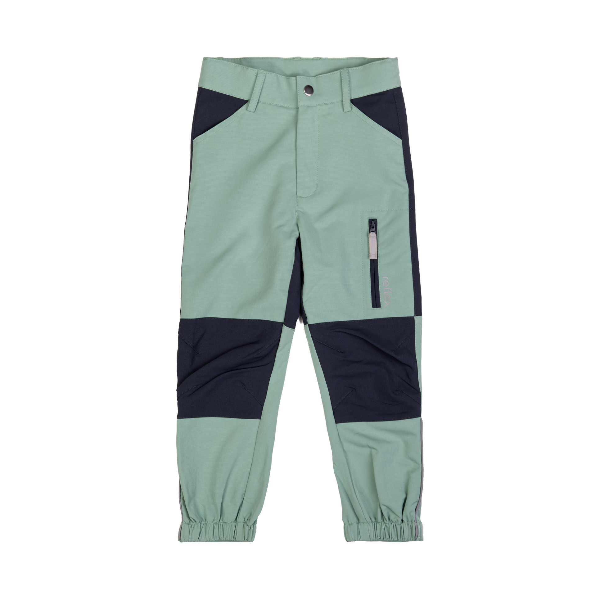 Barns lysegrønne og marineblå utebukser med knapp, glidelås foran og en vertikal glidelåslomme.