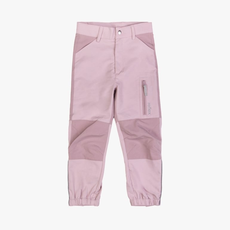 Barnas tofargede rosa utendørsbukser med frontknapp, glidelås og en vertikal glidelåslomme.