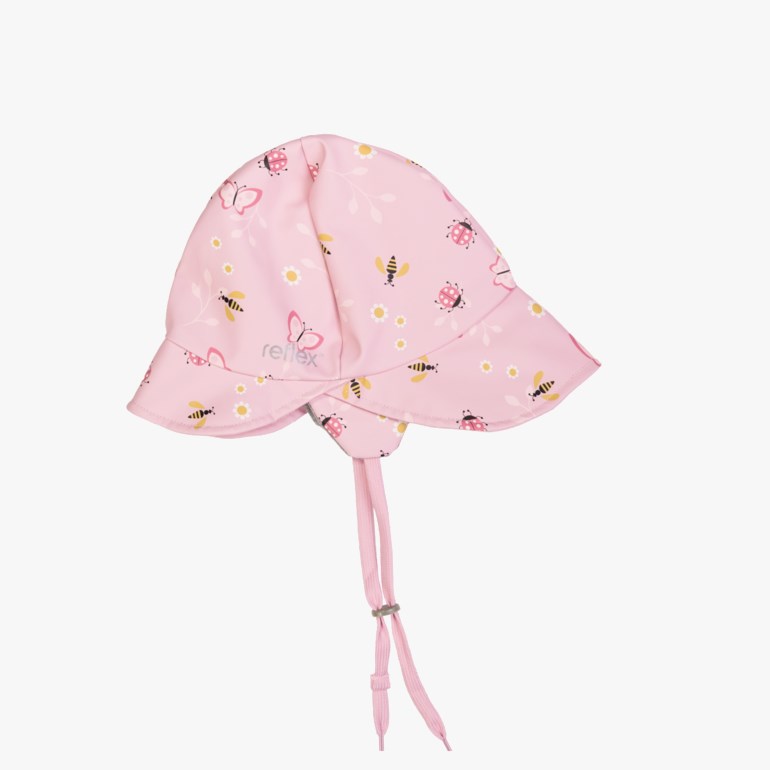 Rosa solhatt for barn med sommerfugl-, marihøne-, bie- og blomstermønster, med hakestropper og justering.
