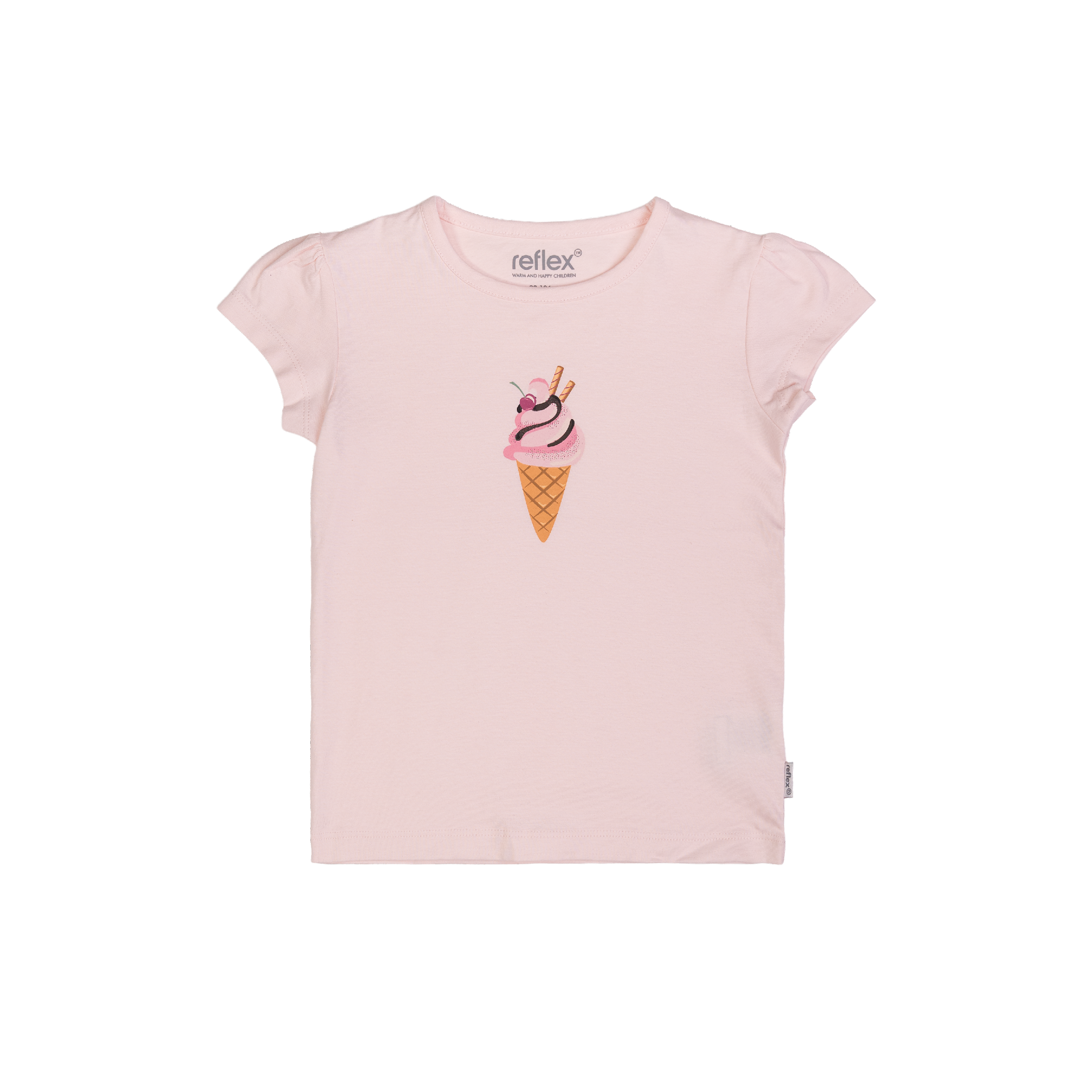 Lys rosa barne-t-skjorte med puffermer, rund hals og et trykk av en iskrem på forsiden.