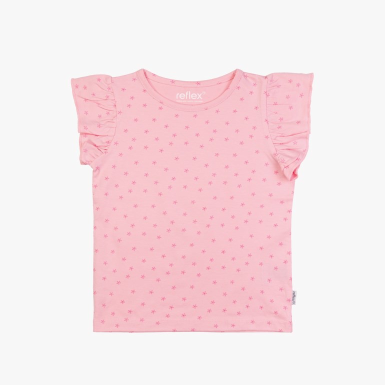 Forfra, en rosa kortermet T-skjorte for barn med volangermer og små stjernemønster.