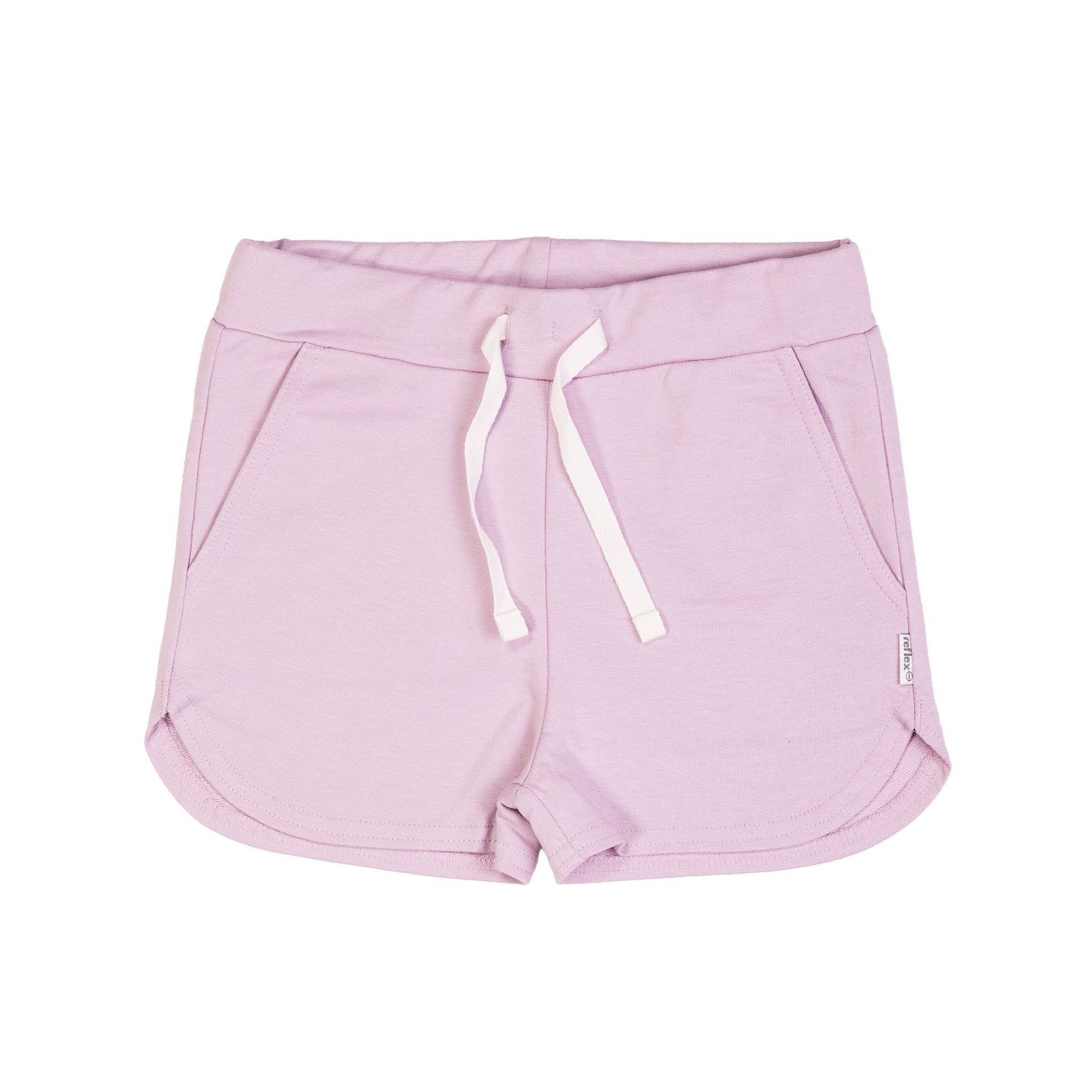 Lilla jersey shorts med strikk i midjen, hvit snøring og to frontlommer.