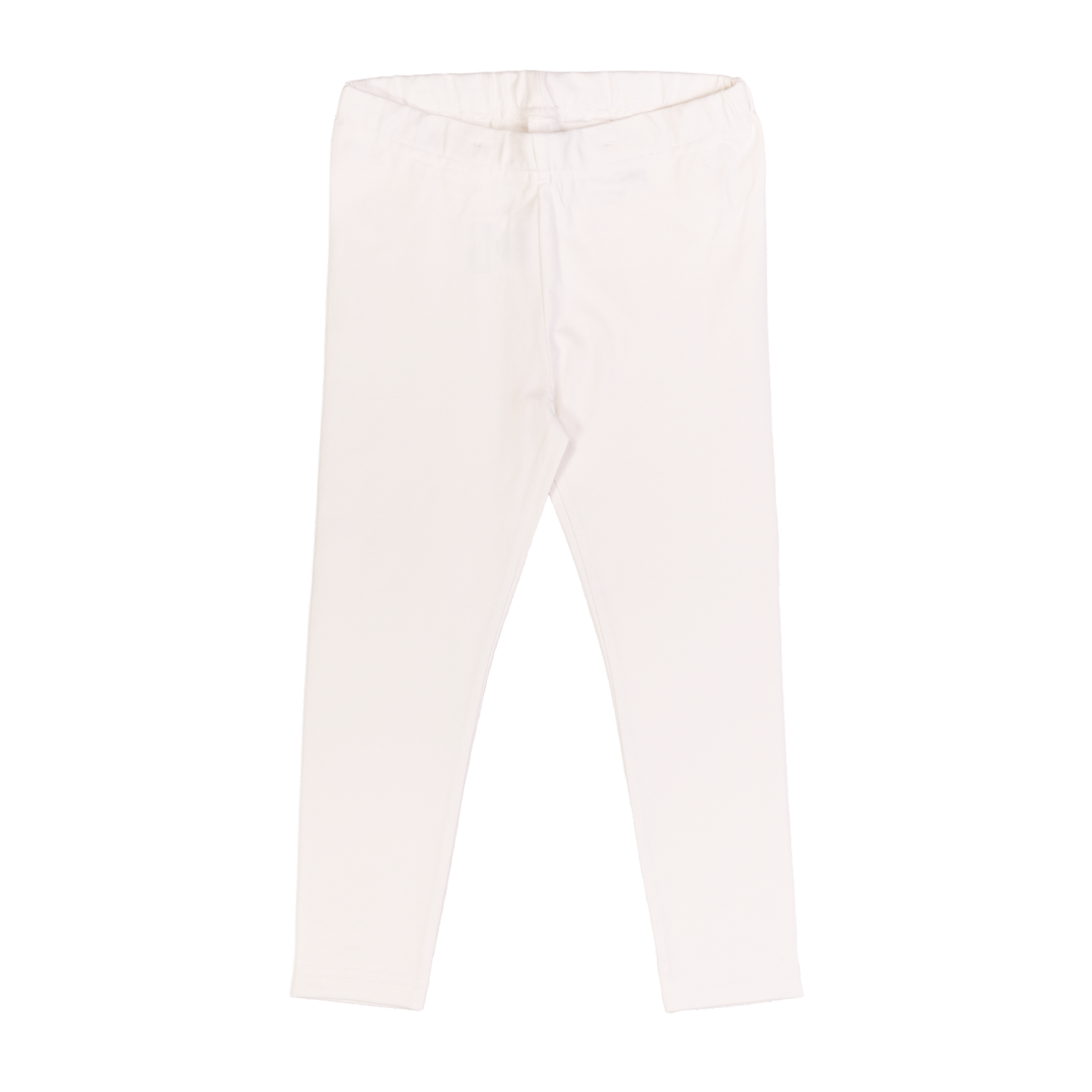 En frontvisning av hvite ensfargede barneleggings med elastisk midje.