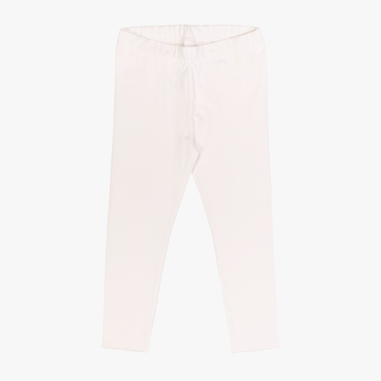 En frontvisning av hvite ensfargede barneleggings med elastisk midje.