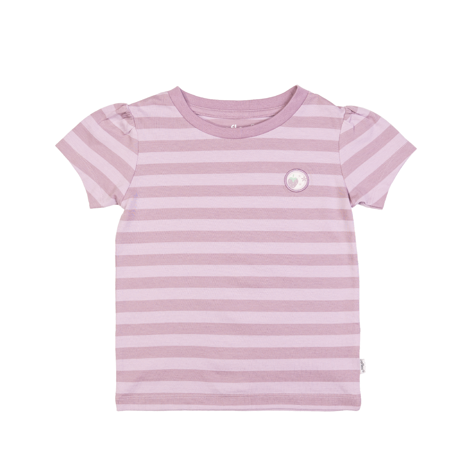 Kortermet stripete t-skjorte for barn i lys lilla og rosa med puffermer, rund hals og brystlapp.