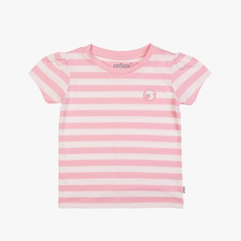 Stripete kortermet t-skjorte for barn i rosa og hvitt med volangkanter og jordbæremblem på brystet.