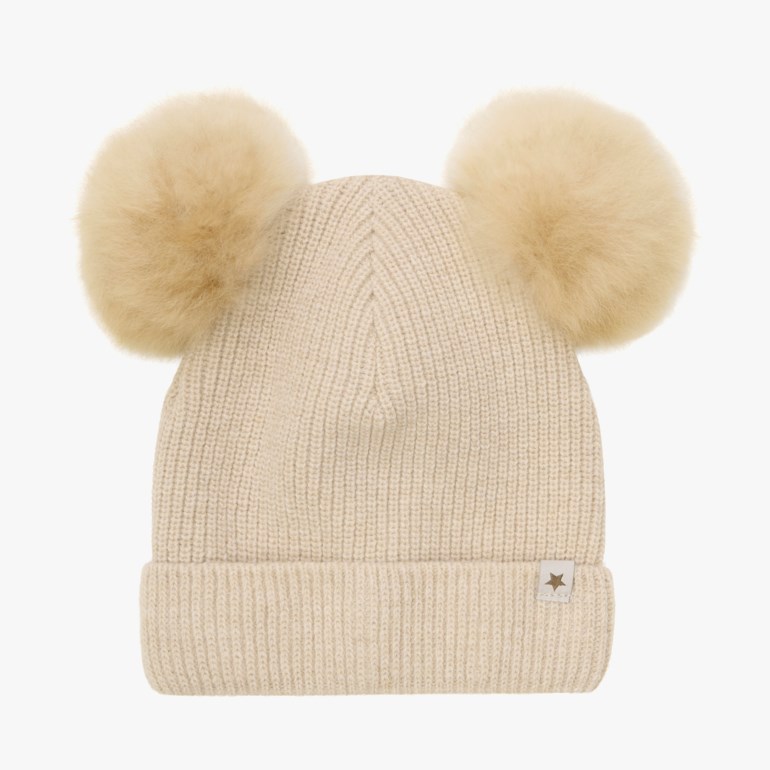HUTTEliHUT ullue – Strikket lue med alpakkapomponger Beige - 11043291-Sandmelan-0-1 år - 1